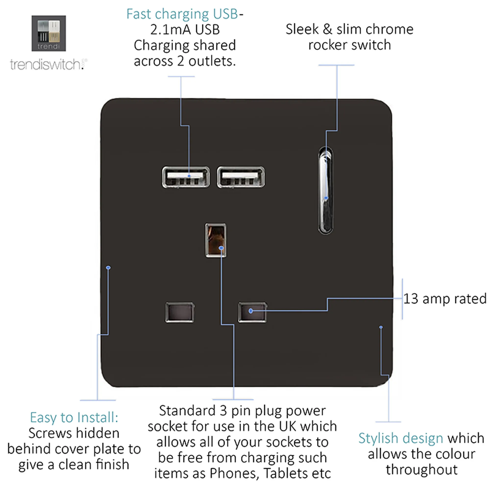 1 Gang 13Amp Switched Single Socket With 2 x USB Dark Brown ART-SKT13USBDB  Trendi Dark Brown